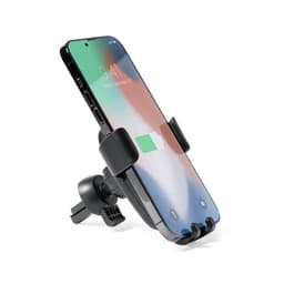 A black car phone holder positioned to hold a smartphone, featuring an adjustable grip and a mounting base.