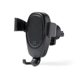 A black car phone holder with adjustable grips and a hook for secure mounting. Features a logo on its surface.