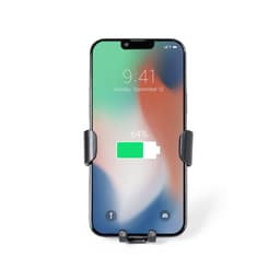 A car phone holder in black, featuring a smartphone displaying a battery charge of 64%. It has a logo.
