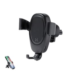 A black car phone holder with adjustable grips and a charging feature, designed to securely hold smartphones.