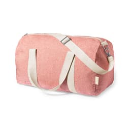 A pink duffle bag with a shoulder strap and two handles, featuring a logo on the side.