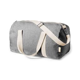 A grey bag with cream straps and a shoulder strap, featuring a zip closure and a logo on the side.