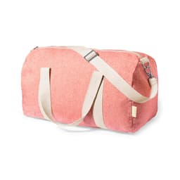 A pink duffel bag with cream straps and a zipper closure, featuring a logo on the side.