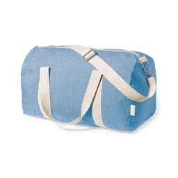 A blue duffle bag with a zipper and cream-coloured carrying straps. It features a logo.
