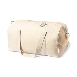 A beige duffle bag with a long shoulder strap and a zippered top, featuring sturdy handles and a logo.