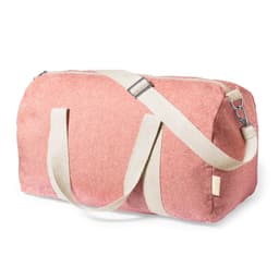 A pink duffle bag with cream-coloured straps and a zip closure, featuring a branding logo.