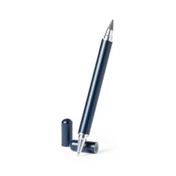 A metal pen in a dark navy colour, featuring a silver tip and a cap placed beside it.
