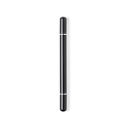 A sleek black metal pen with silver accents and a rounded tip, featuring a logo.