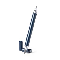 A metal pen in a deep navy blue, with a silver tip and a matching cap. The cap is placed beside the pen.