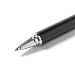A metal pen in black with a silver tip and detailing, featuring a logo on the barrel.