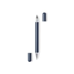 A metal pen with a sleek navy blue body and silver accents, displayed with its cap removed.