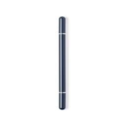 A metal pen in navy blue with silver accents, featuring a sleek, cylindrical design and a visible logo.