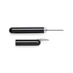 A black corkscrew with a sleek design, featuring a pointed spiral and a levered opener. It includes a logo.