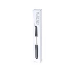 A sleek black corkscrew in packaging, featuring a silver handle and a logo on the box.
