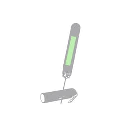 A grey corkscrew with a green handle, featuring a logo, designed for opening bottles.