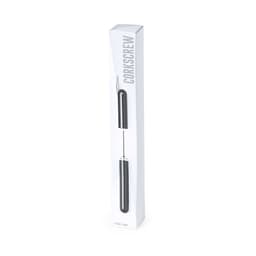A black corkscrew in a sleek packaging box featuring a logo. Suitable for home and living purposes.