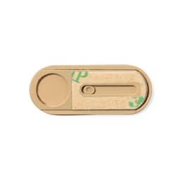 A beige promotional product with a sliding mechanism and a circular button. It features a branding logo.