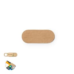 A tan privacy cover for a phone camera, featuring a circular cutout and a sliding mechanism.