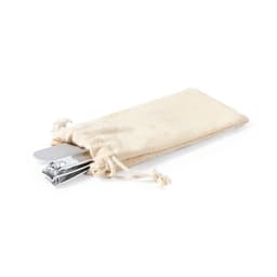 A natural cotton pouch containing nail care tools, including a nail clipper and file.