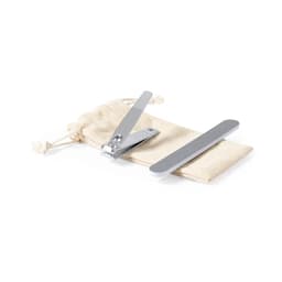 A nail clipper and file in silver, accompanied by a beige drawstring pouch.