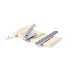 A nail clipper and file in a fabric pouch, featuring a silver finish. The pouch is beige in colour.
