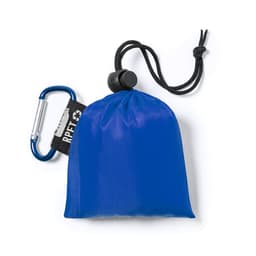A blue poncho packed in a small pouch with a drawstring and a carabiner attached. It has a logo.