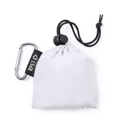 A compact white poncho enclosed in a pouch with a carabiner, featuring a drawstring closure. It has a logo.
