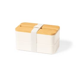 A two-tiered lunch box in cream with a bamboo lid, secured with a white strap. Features a logo.