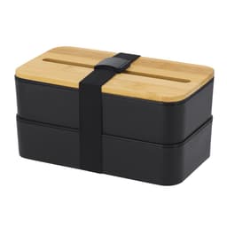 A black lunch box with a bamboo lid, featuring a secure strap for closure. Additionally, it has two stacked compartments.