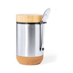 A stainless steel container with a bamboo lid and cork base, accompanied by a metal spoon.