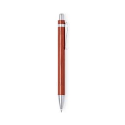 A wooden pen in a reddish-brown hue with silver accents and a clip, featuring a logo on its body.