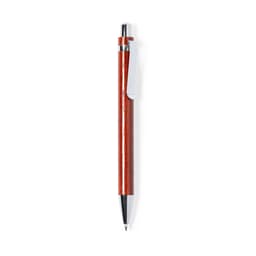 A wooden pen in a rich reddish-brown colour with a silver clip and tip. It features a logo on the body.