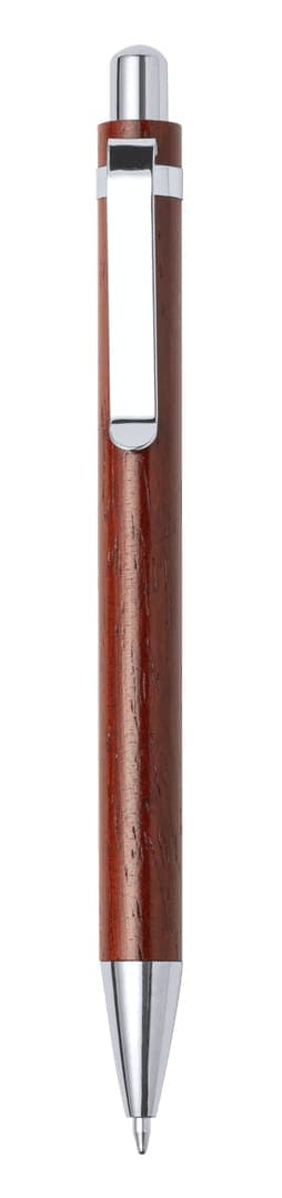 A wooden pen with a brown finish and silver accents, featuring a clip and a sleek design.