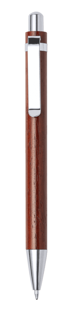 A wooden pen in a rich brown finish with a silver clip and tip, featuring a logo.