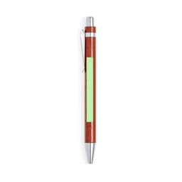 A wooden pen with a brown body, silver accents, and a green insert area for branding.