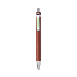 A wooden pen in a rich brown shade with a metallic clip and a colour display on the side.