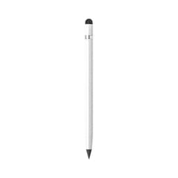 A stylus pen in white with a black tip and metal accents. Features a logo on the design.