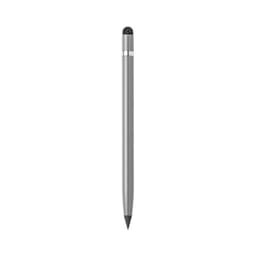 A stylus pen in silver with a rounded black tip, featuring a small logo on the top.