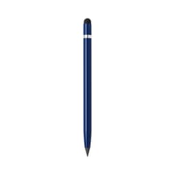A stylus pen in blue with a silver band and a black tip, featuring a logo.