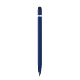 A blue stylus pen with a silver band and a rubber tip for touchscreen use. The pen has a sleek design.
