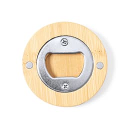 A drink bottle opener made of bamboo with a metallic opening mechanism and screws. Features a circular design.