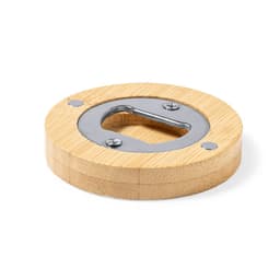 A drink bottle opener with a circular bamboo handle and a metal opening mechanism. Features silver accents.