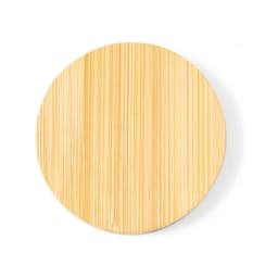 A round bamboo bottle opener with a smooth, natural finish and a wooden texture. It has a logo on the surface.