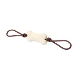 A bone-shaped dog chew toy in cream colour with brown rope handles, featuring a logo.