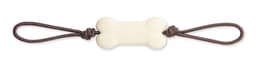 A bone-shaped cream dog chew toy with brown strings on either end, suitable for pets.