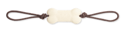 A bone-shaped dog chew toy in cream colour with brown handles on each end.
