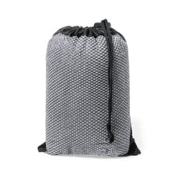 A grey mesh bag with a drawstring closure, designed for storing or carrying the Yelyn Towel.