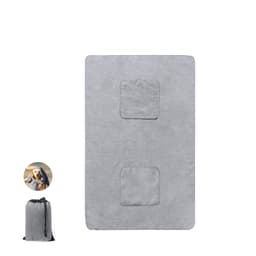 A grey pet towel featuring two patches and a drawstring storage bag. Includes a logo on the bag.