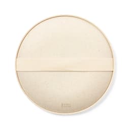 A round, beige drink bottle holder with an elastic band, designed for use with various bottle sizes, featuring a logo.