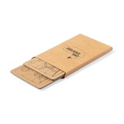 A jigsaw puzzle set in a brown cardboard box, featuring detailed illustrations on the puzzle pieces.